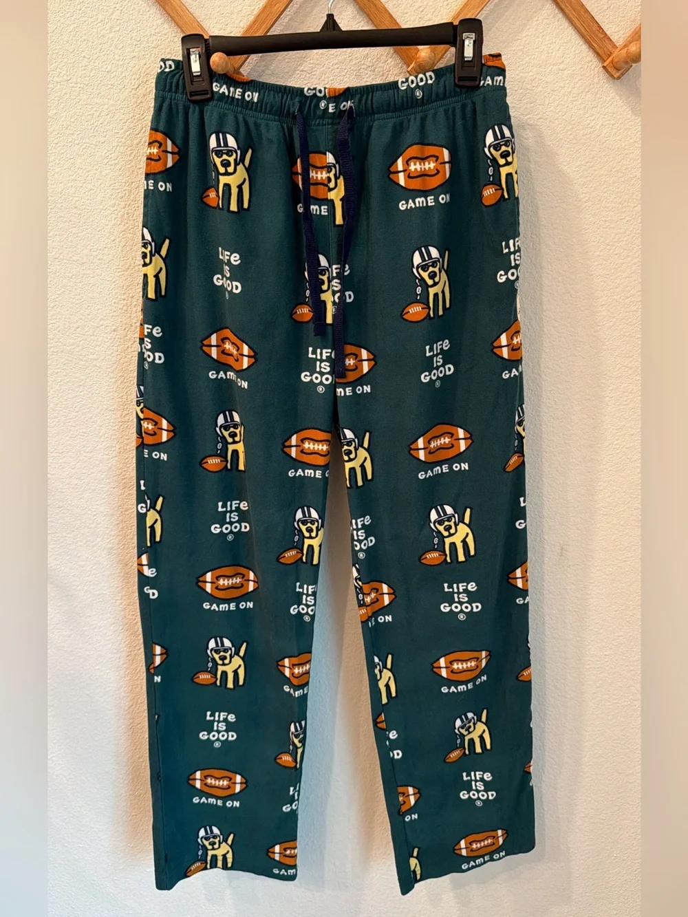 Life Is Good Men’s Green “Game On” Pajama Pants with Football & Dog Print -Small